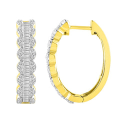 LADIES HOOP EARRINGS 1.00CT ROUND/BAGUETTE DIAMOND 10K YELLOW GOLD