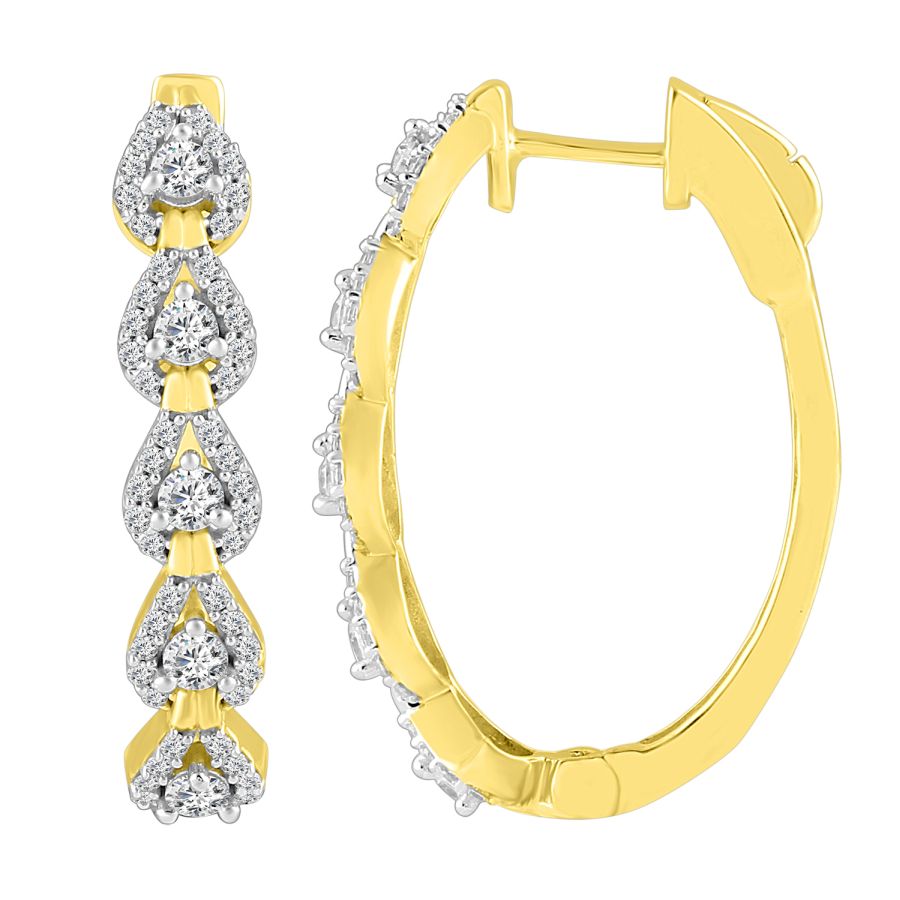 LADIES HOOP EARRINGS 1.00CT ROUND DIAMOND 10K YELLOW GOLD