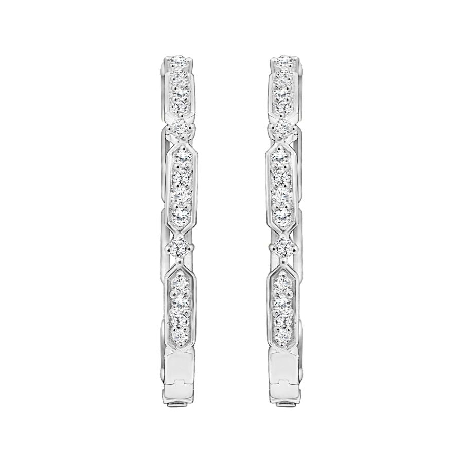 LADIES HOOP EARRINGS 1.00CT ROUND DIAMOND 10K WHITE GOLD