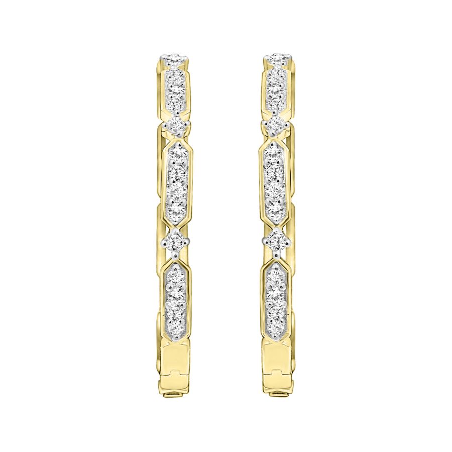 LADIES HOOP EARRINGS 1.00CT ROUND DIAMOND 10K YELLOW GOLD