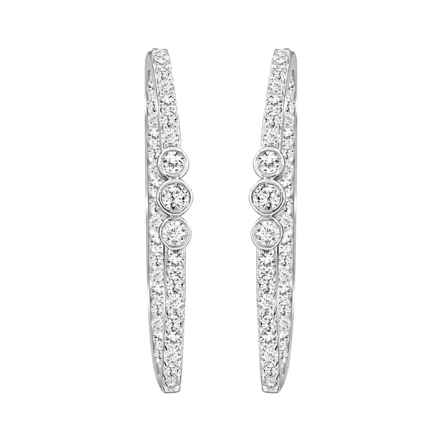 LADIES HOOP EARRINGS 1.50CT ROUND DIAMOND 10K WHITE GOLD