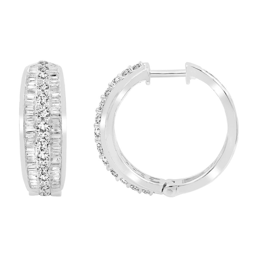 LADIES HOOP EARRINGS 2.00CT ROUND/BAGUETTE DIAMOND 10K WHITE GOLD