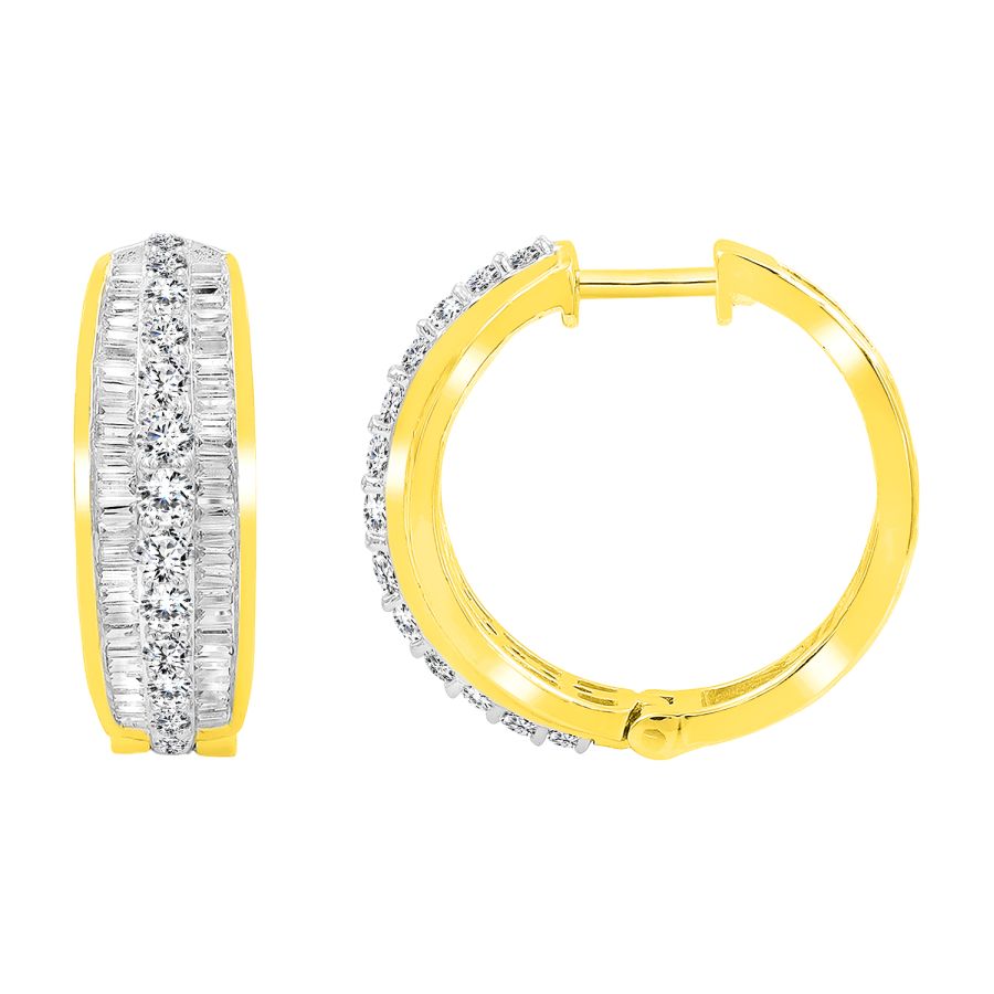 LADIES HOOP EARRINGS 2.00CT ROUND/BAGUETTE DIAMOND 10K YELLOW GOLD