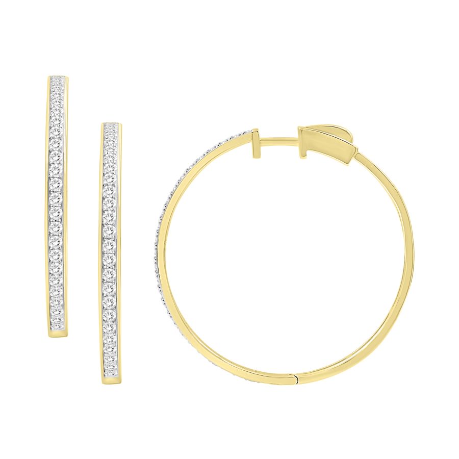 LADIES HOOP EARRINGS 1.50CT ROUND DIAMOND 10K YELLOW GOLD