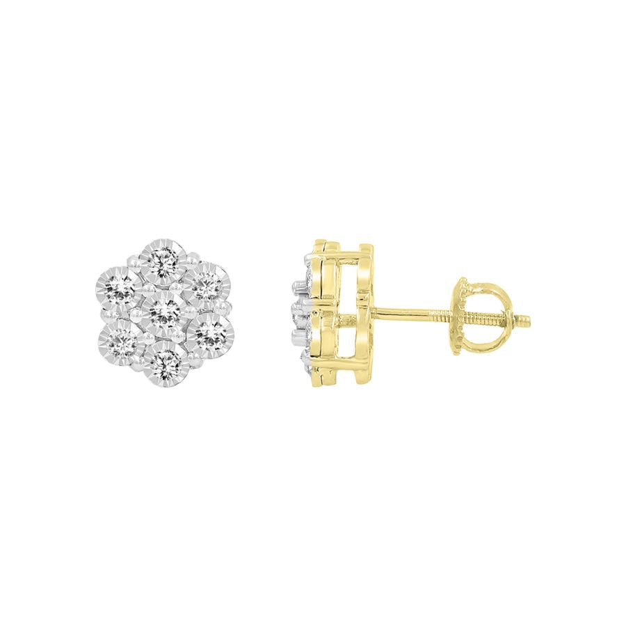 LADIES FLOWER EARRINGS 0.50CT ROUND DIAMOND 10K YELLOW GOLD