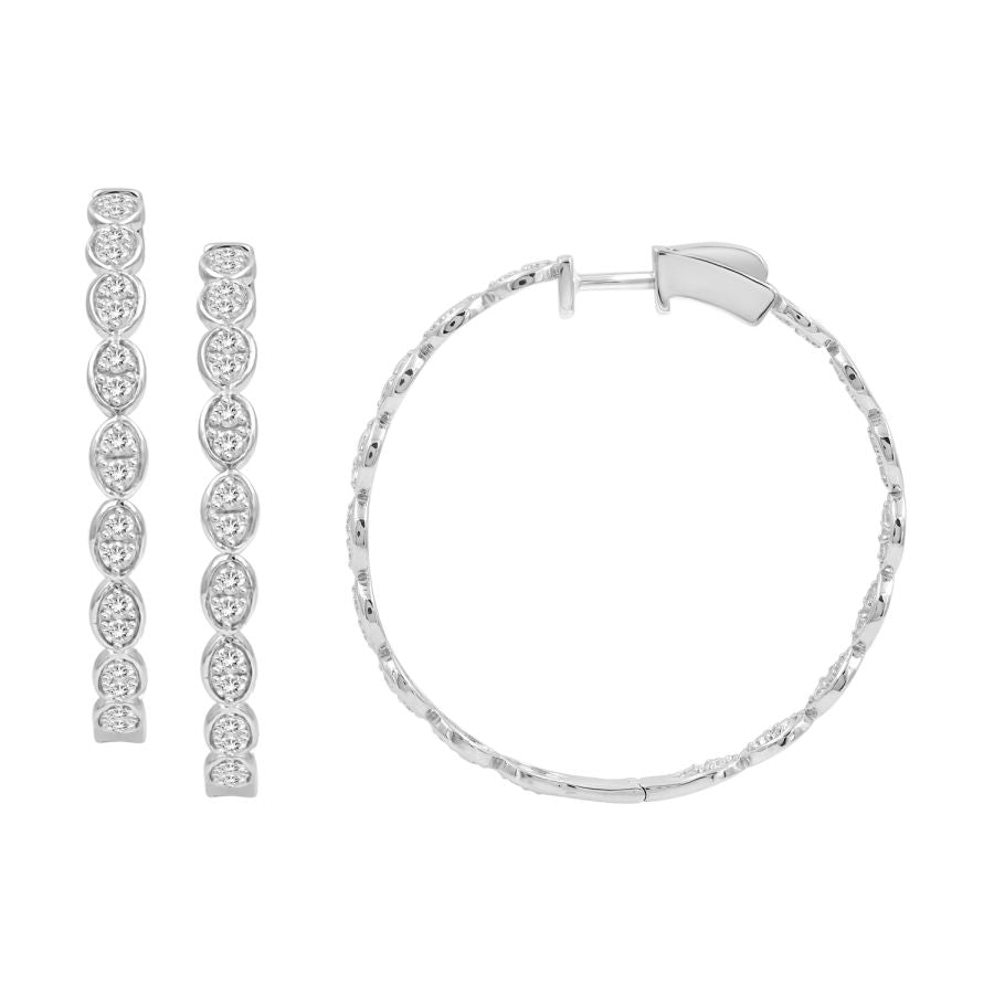 LADIES HOOP EARRINGS 2.00CT ROUND DIAMOND 10K WHITE GOLD