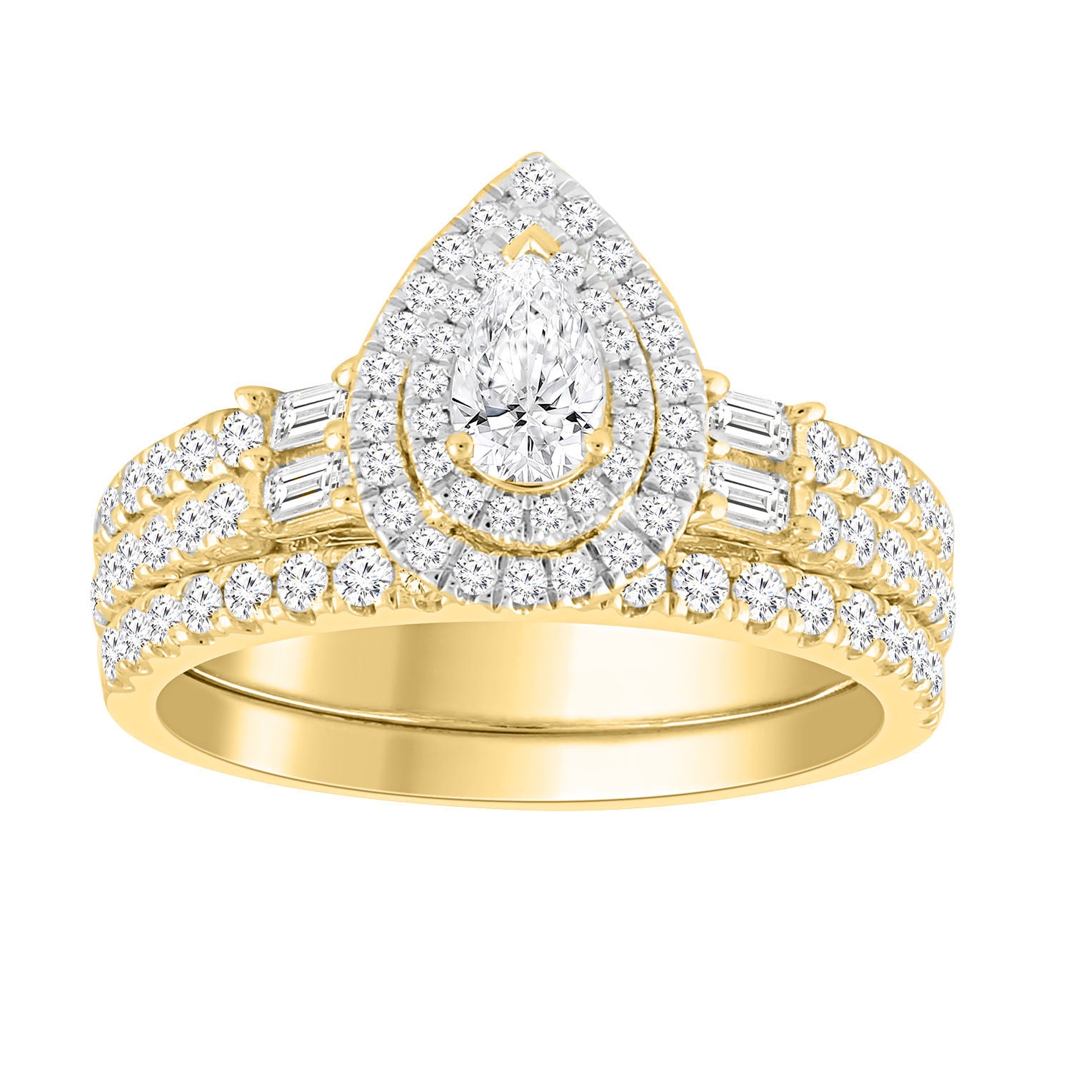 LADIES BRIDAL SET 1.00CT ROUND/BAGUETTE  DIAMOND 14K YELLOW GOLD(SI QUALITY) (CENTER STONE 0.25 CT PEAR DIAMOND)