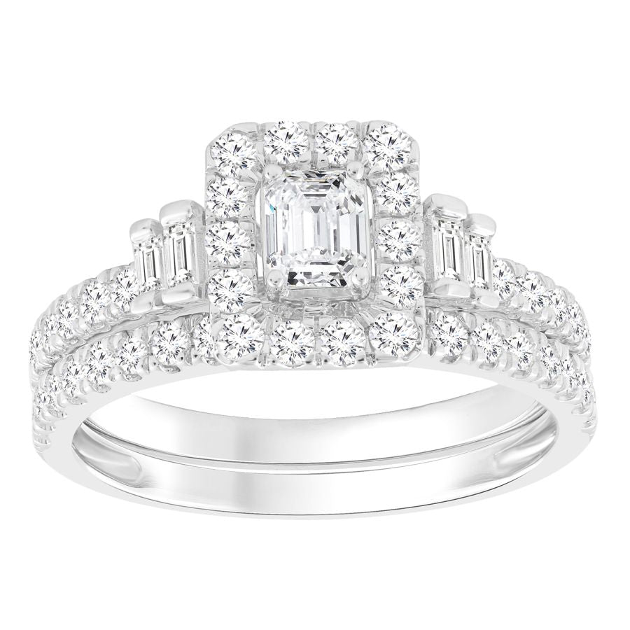 LADIES BRIDAL SET 1.00CT ROUND/BAGUETTE DIAMOND 14K WHITE GOLD (CENTER STONE 0.25CT EMERALD DIAMOND)