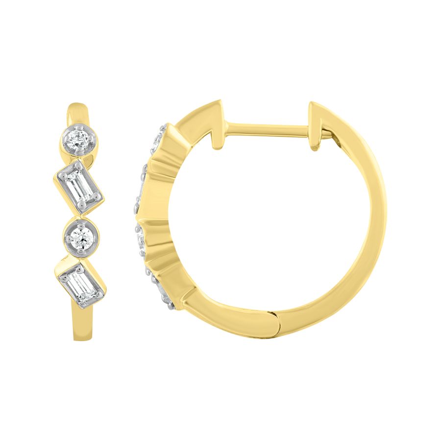 LADIES HOOP EARRINGS 0.13CT ROUND/BAGUETTE DIAMOND 10K YELLOW GOLD