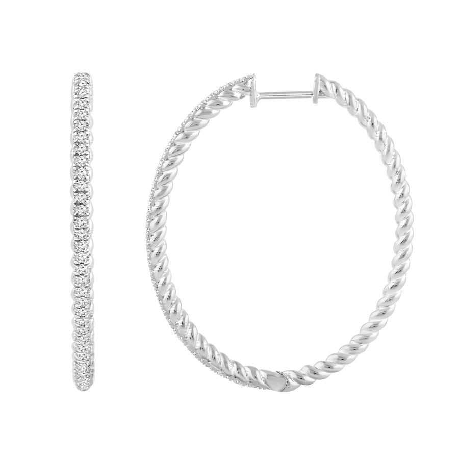 LADIES HOOP EARRINGS 0.50CT ROUND DIAMOND 10K WHITE GOLD