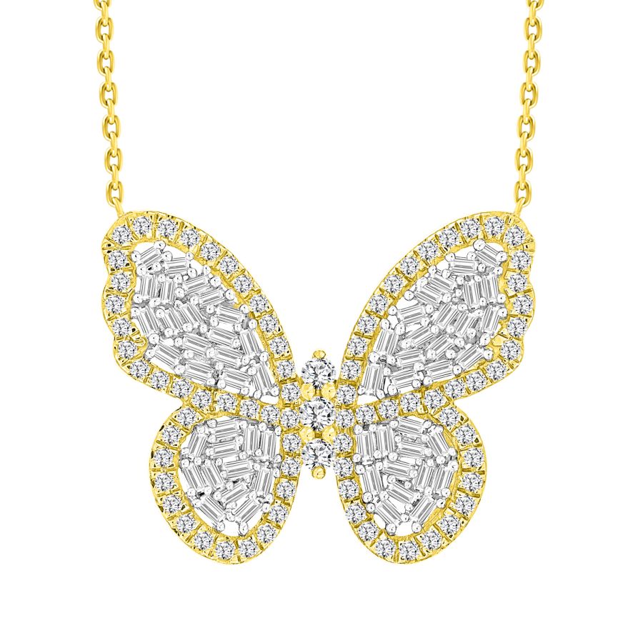 LADIES NECKLACE 1.00CT ROUND/BAGUETTE DIAMOND 10K YELLOW GOLD