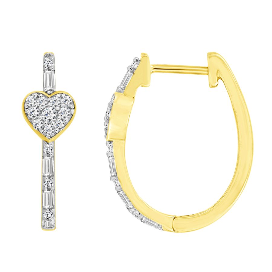 LADIES HOOP EARRINGS 0.33CT ROUND/BAGUETTE DIAMOND 10K YELLOW GOLD