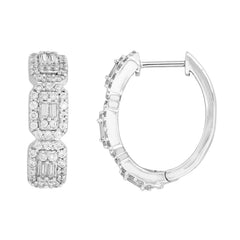 LADIES HOOP EARRINGS 1.00CT ROUND/BAGUETTE DIAMOND 10K WHITE GOLD