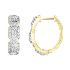 LADIES HOOP EARRINGS 1.00CT ROUND/BAGUETTE DIAMOND 10K YELLOW GOLD