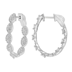 LADIES HOOP EARRINGS 1.00CT ROUND/BAGUETTE DIAMOND 10K WHITE GOLD