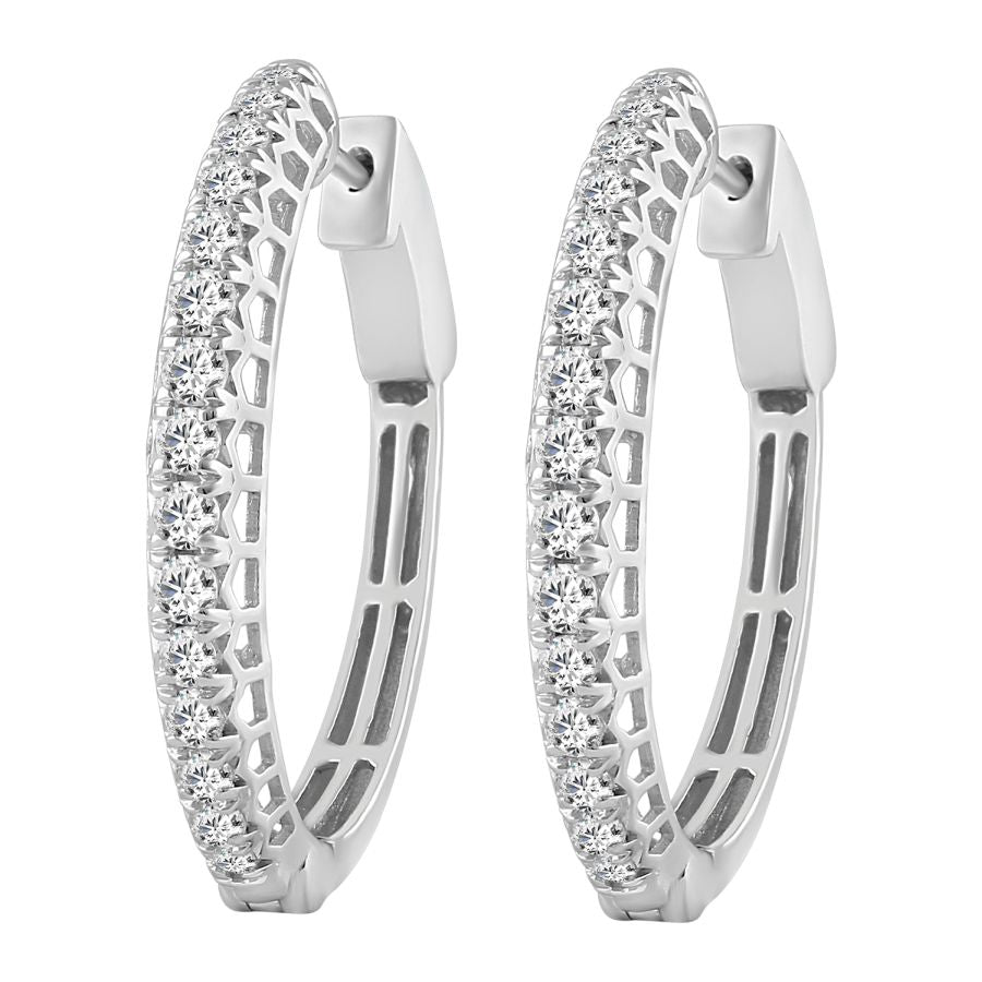 LADIES HOOP EARRINGS 1.00CT ROUND DIAMOND 10K WHITE GOLD