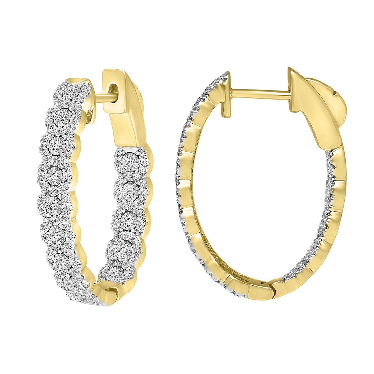 LADIES HOOPS EARRINGS 1.00CT ROUND DIAMOND 10K YELLOW GOLD