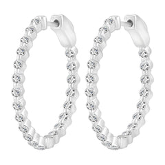 LADIES HOOP EARRINGS 1.50CT ROUND DIAMOND 10K WHITE GOLD