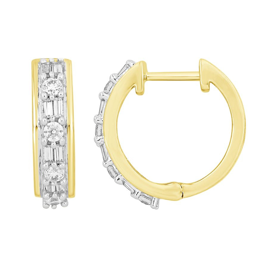 LADIES HOOP EARRINGS 0.40CT ROUND/BAGUETTE DIAMOND 10K YELLOW GOLD