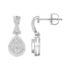 LADIES EARRINGS 0.15CT ROUND/BAGUETTE DIAMOND 10K WHITE GOLD