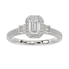 LADIES RING 1.30CT ROUND/BAGUETTE DIAMOND 14K WHITE GOLD (SI QUALITY) (CENTER STONE 0.75CT EMERALD DIAMOND)