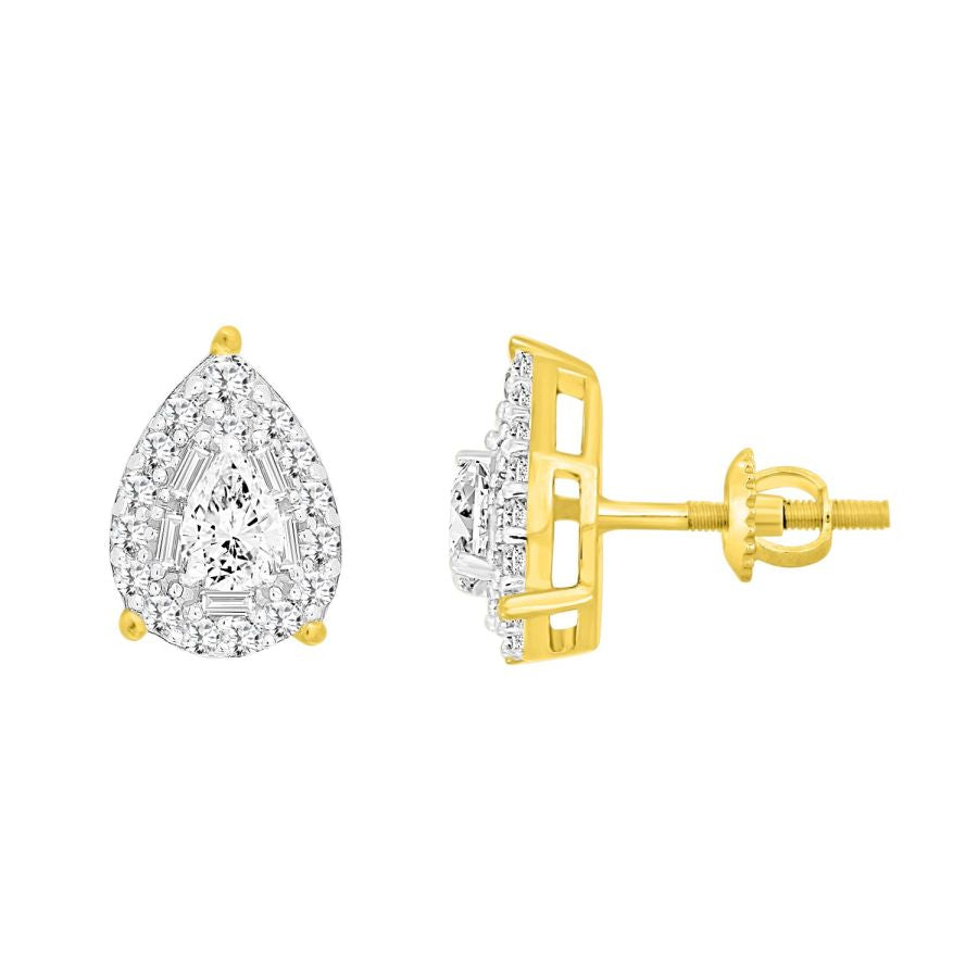 LADIES EARRINGS 0.60CT ROUND/BAGUETTE/PEAR DIAMOND 14K YELLOW GOLD