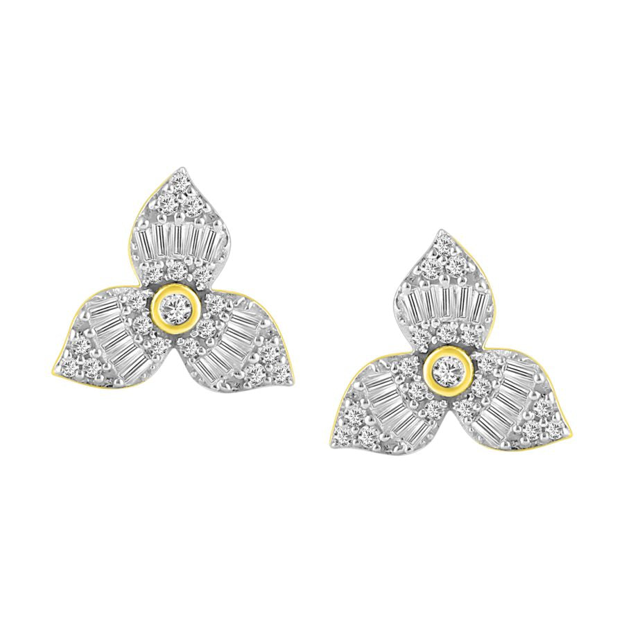 LADIES EARRINGS 0.30CT ROUND/BAGUETTE DIAMOND 10K YELLOW GOLD