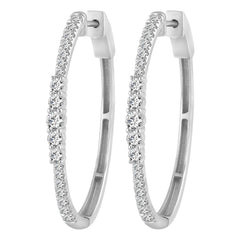 LADIES HOOP EARRINGS 1.00CT ROUND DIAMOND 10K WHITE GOLD