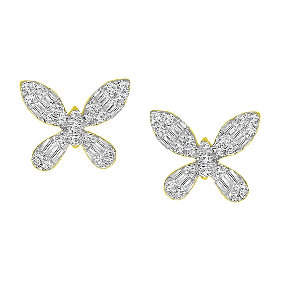 LADIES EARRINGS 0.15CT ROUND/BAGUETTE DIAMOND 10K YELLOW GOLD