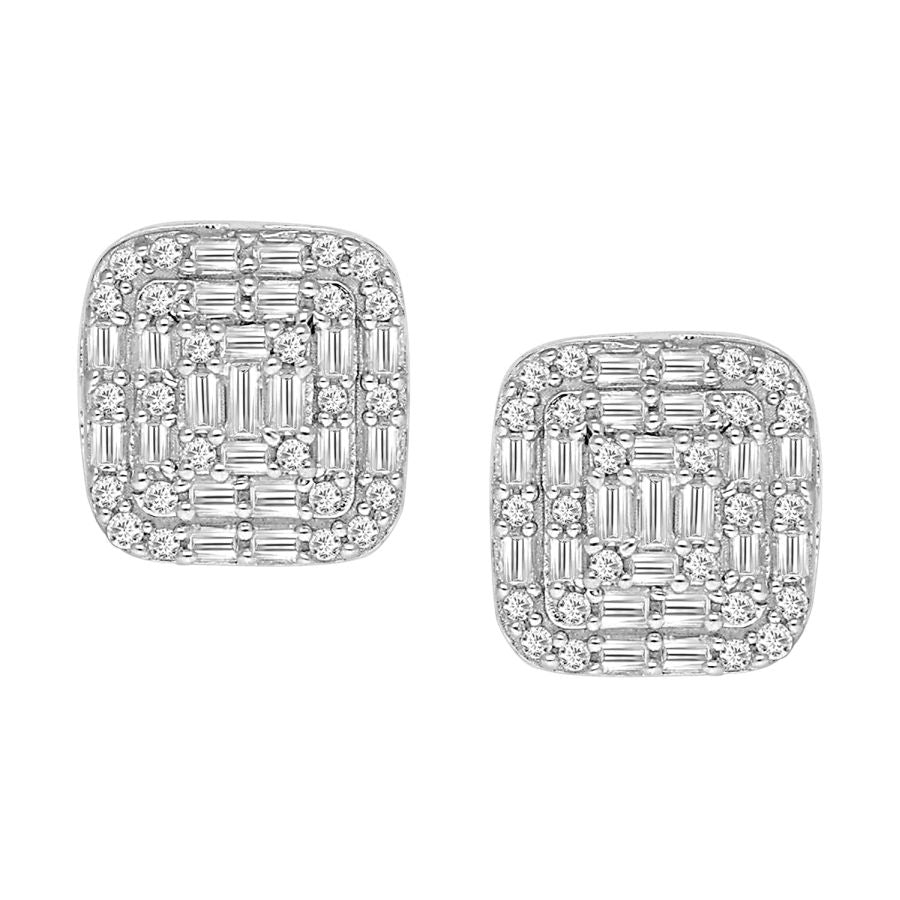 LADIES EARRINGS 0.25CT ROUND/BAGUETTE DIAMOND 10K WHITE GOLD