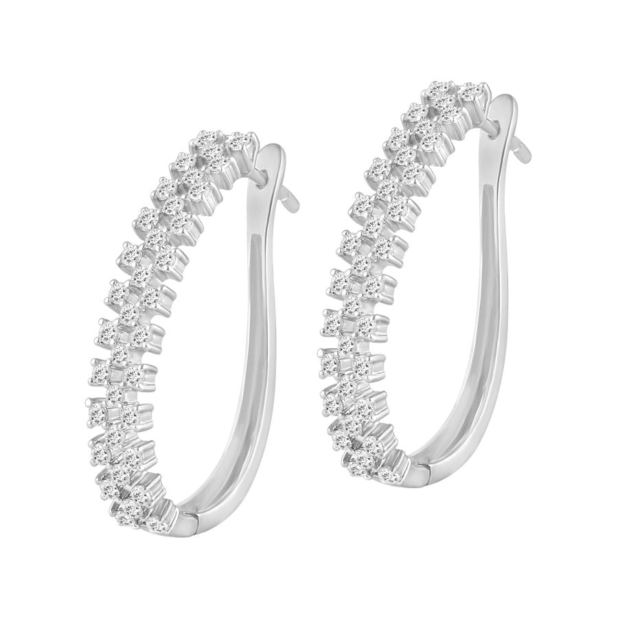 LADIES HOOP EARRINGS 1.00CT ROUND DIAMOND 10K WHITE GOLD