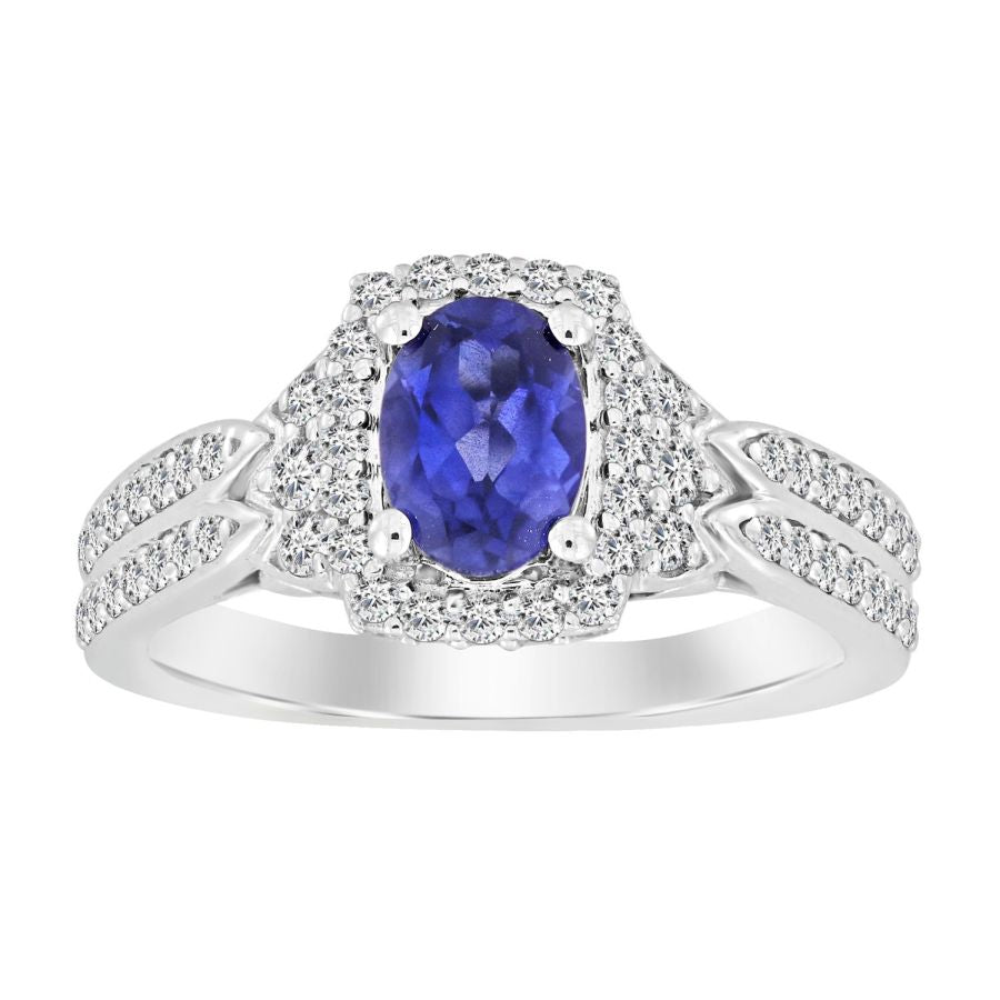 LADIES RING 1.30CT ROUND DIAMOND 14K TANZANITE STONE WHITE GOLD