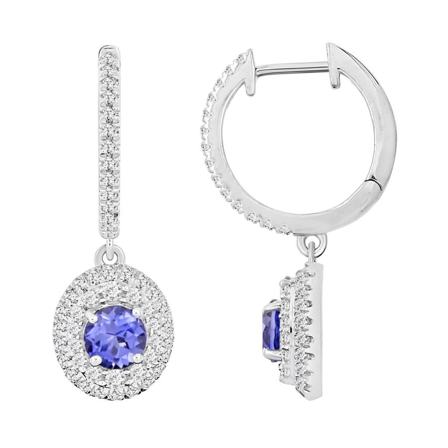 HOOPS EARRINGS 1.80CT ROUND DIAMOND 14K TANZANITE STONE WHITE GOLD