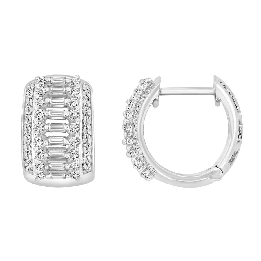 LADIES HOOP EARRINGS 0.50CT ROUND/BAGUETTE DIAMOND 10K WHITE GOLD