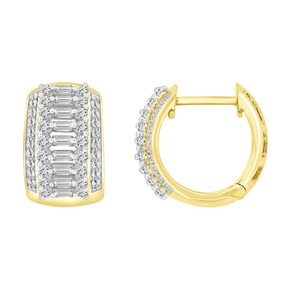 LADIES HOOP EARRINGS 0.50CT ROUND/BAGUETTE DIAMOND 10K YELLOW GOLD