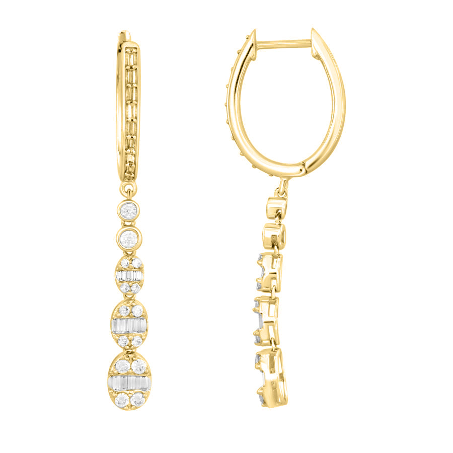 LADIES HOOP EARRINGS 0.75CT ROUND/BAGUETTE DIAMOND 14K YELLOW GOLD