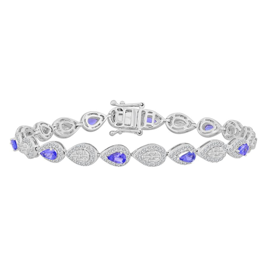 LADIES BRACELET 4.30CT ROUND/BAGUETTE/PEAR DIAMOND 14K TANZANITE STONE WHITE GOLD