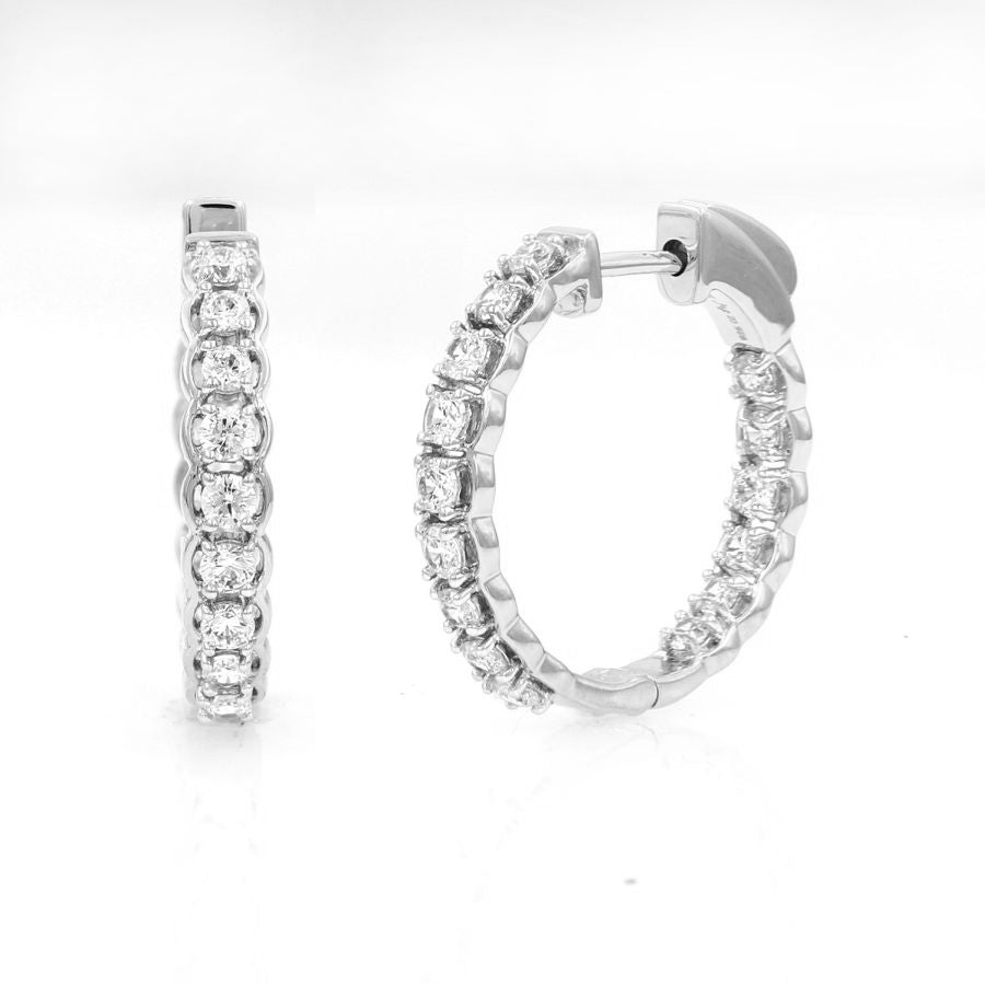 LADIES HOOP EARRINGS 1.00CT ROUND DIAMOND 10K WHITE GOLD