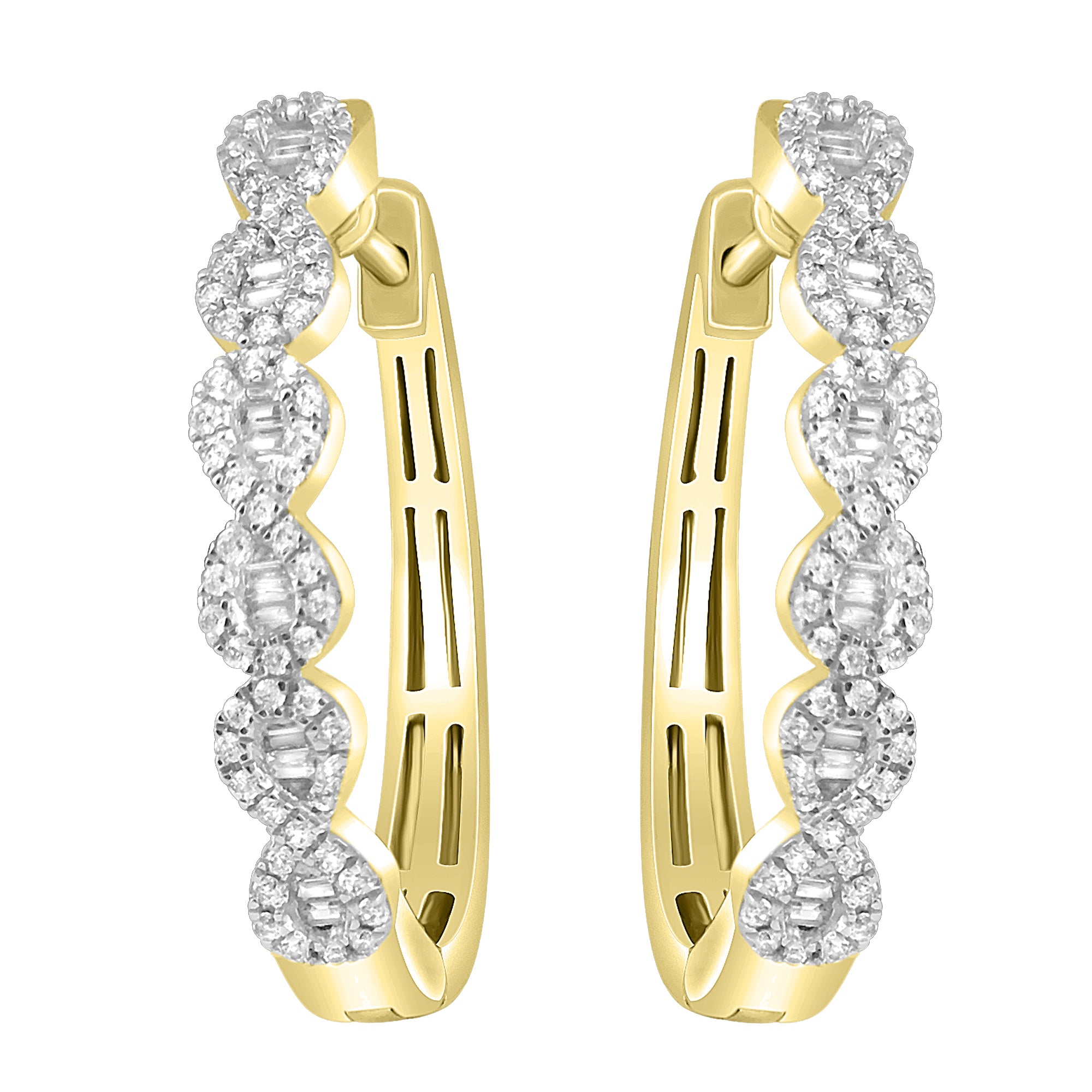 LADIES HOOP EARRINGS 0.75CT ROUND/BAGUETTE DIAMOND 14K YELLOW GOLD