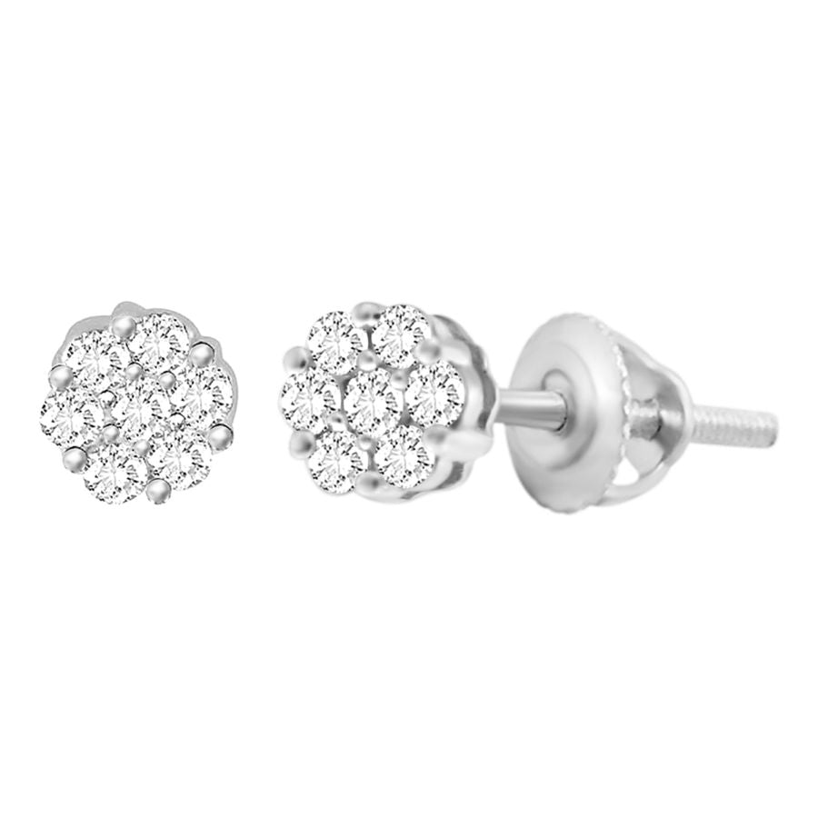 LADIES FLOWER EARRINGS 0.10CT ROUND DIAMOND 14K WHITE GOLD