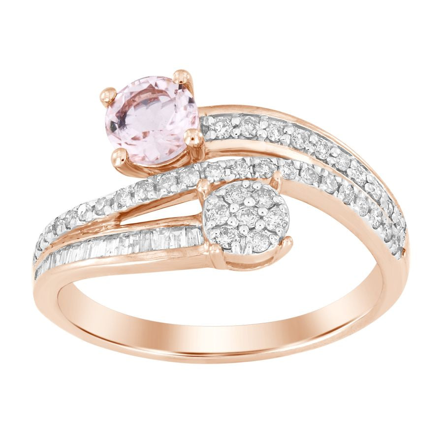 RING 0.90CT ROUND/BAGUETTE DIAMOND 14K MORGANITE STONE ROSE GOLD