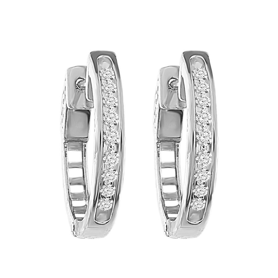 LADIES HOOP EARRINGS 0.25CT ROUND DIAMOND 14K WHITE GOLD