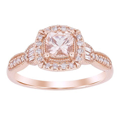 LADIES RING 0.75CT ROUND/BAGUETTE DIAMOND 14K MORGANITE STONE ROSE GOLD