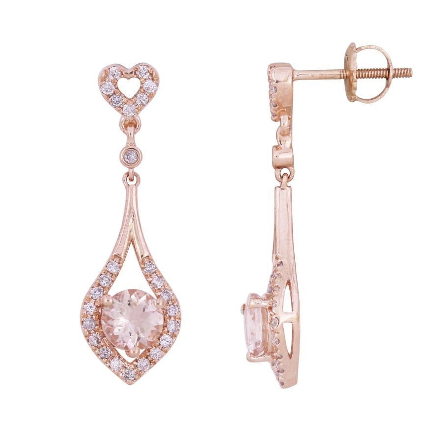 EARRINGS 1.20CT ROUND DIAMOND 14K MORGANITE STONE ROSE GOLD