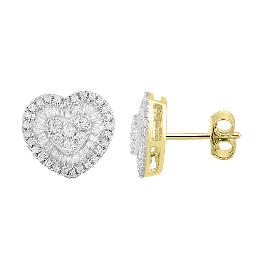 LADIES EARRINGS 1.00CT ROUND/BAGUETTE DIAMOND 14K YELLOW GOLD