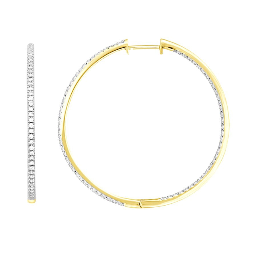 LADIES HOOP EARRINGS 1.00CT ROUND DIAMOND 14K YELLOW GOLD