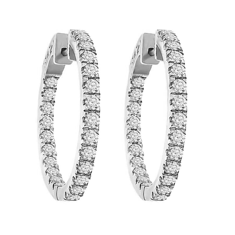 LADIES HOOP EARRINGS 2.00CT ROUND BLUE DIAMOND 14K WHITE GOLD