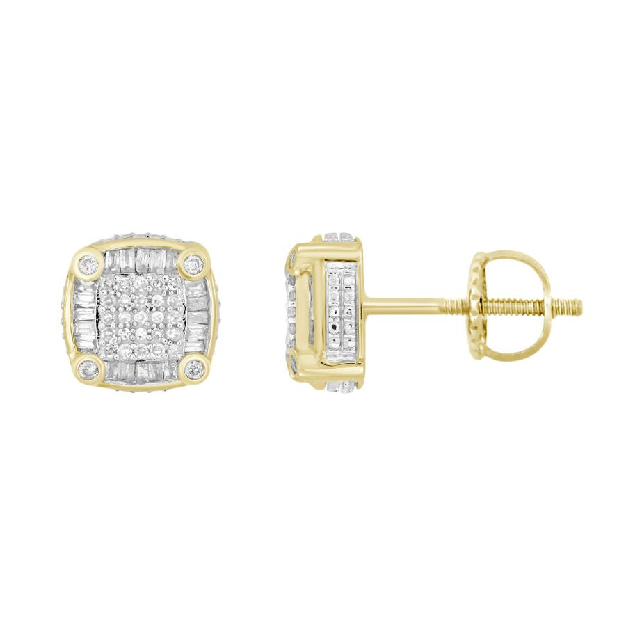 LADIES STUD EARRINGS 0.33CT ROUND/BAGUETTE DIAMOND 10K YELLOW GOLD