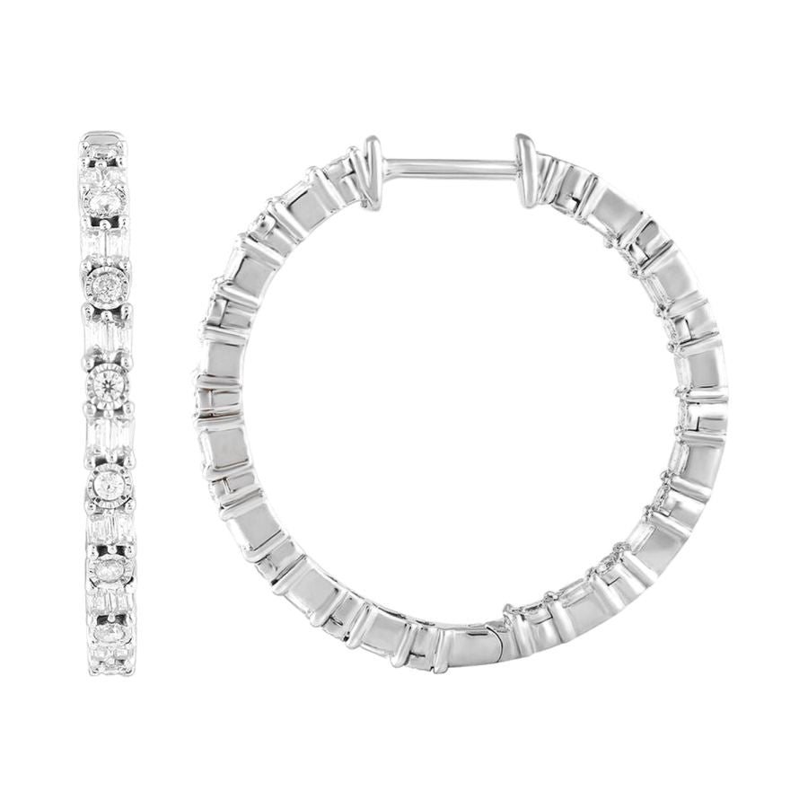 LADIES HOOP EARRINGS 1.00CT ROUND/BAGUETTE DIAMOND 14K WHITE GOLD