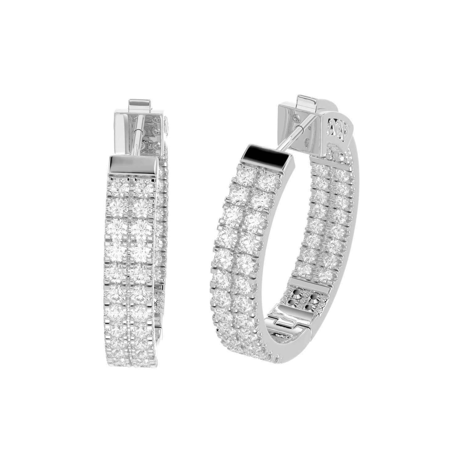 LADIES HOOPS EARRING 3.00CT ROUND DIAMOND 14K WHITE GOLD IN OUT